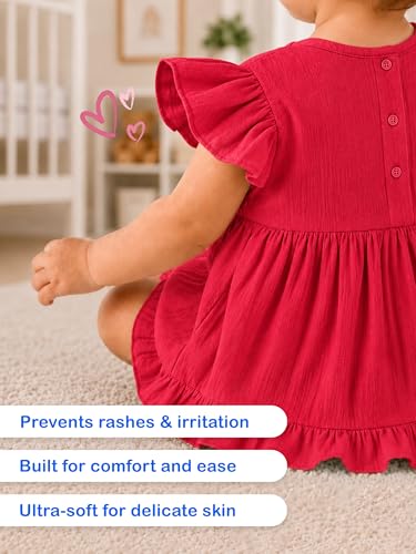 Image of Kidbea Baby Girls' Cotton Dress | Comfortable, Trendy Ruffled Sleeves & Hem, Soft Breathable Fabric for Everyday & Special Occasions