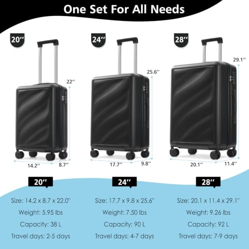 Image of Hardshell Luggage Sets, Lightweight Stripes Suitcases with Spinner Wheels, Black1