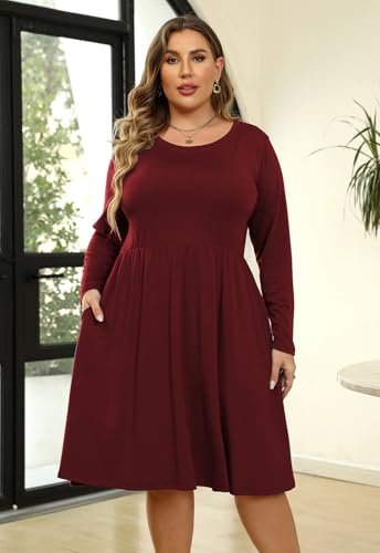 Image of Nemidor Women's Round Neck Long Sleeve Casual Plus Size Fit and Flare Midi Dress with Pocket NEM169