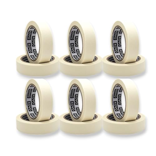 KOVO Lot de 12 rouleaux de ruban de masquage blanc de qualité supérieure (25 mm x 30 m) pour peintres, décorateurs, bricolage, peinture, bureau, maison