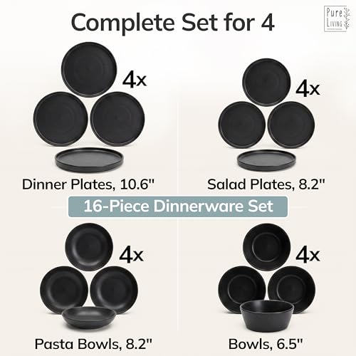 Image of 16 Piece Black Dinnerware Set for 4 | Matte Black Plates and Bowls Sets, Modern Stoneware Black Dishes Set | Scratch Resistant, Dishwasher & Microwave Safe | Matte Black Finish Ultra-Chic & Modern