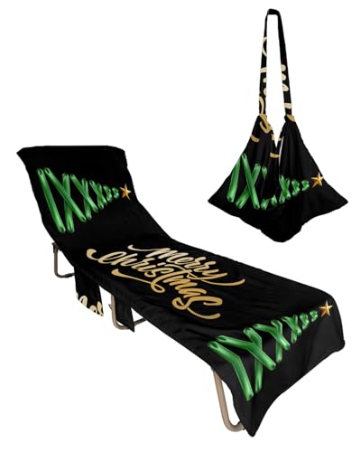 Merry Christmas Beach Chair Towel Covers for Chaise Lounge with Side Pocket, Soft Plush Pool Towels Cover for Patio Sunbathing Outdoor 29''x85'' Gold Star Green Geometric Pine Tree