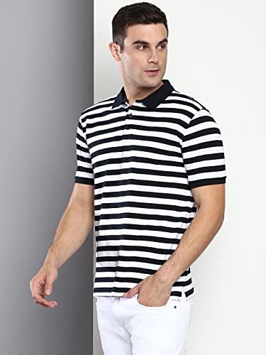 Image of Dennis Lingo Men's Casual Slim Fit Polo Neck T-Shirt, Half Sleeves Striped Pure Cotton Collar T-Shirt for Men