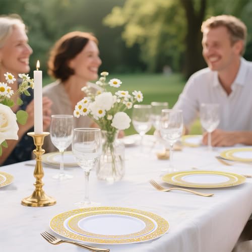 Image of I00000 200 Pcs White and Gold Plastic Plates, Disposable Plastic Plates for 100 Guests Include: 100 Pcs Dinner Plate 10.25 inch and 100 Pcs Dessert Plate 7.5 inch Perfect for Party and Wedding