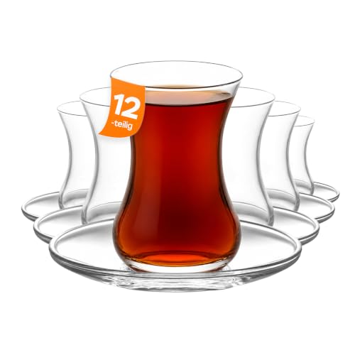 NORDIC SCHILLER Türkische Demet Teegläser & Unterteller Set 135 ml 12-teilig (6 Personen Set) 6 Teegläser und 6 Untertassen Teebecher Cay Bardagi