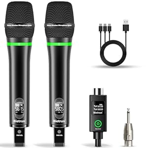 Bietrun XLR Wireless Microphone, Rechargeable Dual Metal Cordless Handheld Dynamic Mics for Mixer, Audio Interface, PA Amplifier System, Church, Singing, Karaoke(UHF 240FT Range)(with 6.35 Adapter)