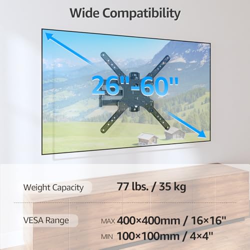 Image of MOUNTUP Full Motion TV Wall Mount for Most 26-60 Inch TVs, Max VESA 400x400mm Wall Mount TV Bracket with Swivel Tilting Extension Level Adjustment for LED LCD Flat Curved TVs Up to 77 LBS, MU0018