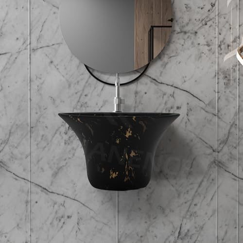 Image of REMANENCE Luxury Wall Mount Half Pedestal Wash Basin for Bathroom | Designer Wall Hung Basin | Wall Mounted Washbasin for Resturent, Hotels (16 x 16 x 11 Inch) (Black Gold Spot)