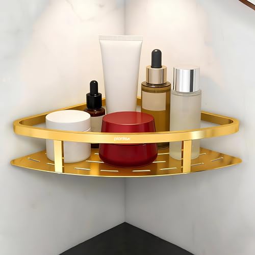 Image of Plantex Corner Shelf for Bathroom Wall /304 Grade Stainless Steel Bathroom Corner Shelf Rack /Bathroom Racks and Shelves /Multipurpose Bathroom Accessories Set (9x9 inches, PVD Gold)