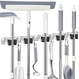 ROMISE Mop Broom Holder Wall Mount, Heavy Duty Stainless Steel with 5 Racks and 4 Hooks, Rust Resistant, 17'L x 1.1'H, Keeps Tools Organized and Within Reach
