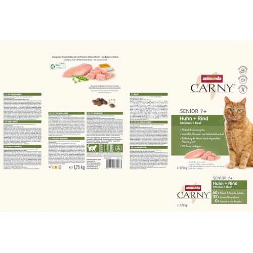 animonda Carny Katzen Trockenfutter mit Huhn + Rind (1 x 1,75kg), Trockenfutter für Senior Katzen ohne Zucker und Getreide, mit viel frischem Fleisch vom Huhn und mit Rinderprotein 6