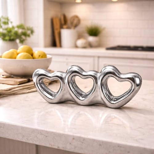 Image of Xtore Triple Heart Metallic Ceramic Sculpture for Home Decor, Modern Romantic Tabletop Accent