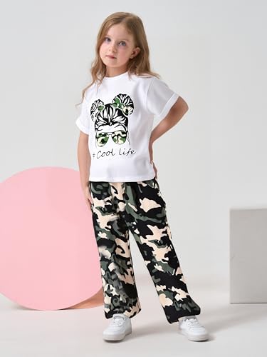 Image of Ayzozuy Kid Girl Clothes Outfits Figure Letter Graphic Tee Top + Flap Pocket Pants 2PC Clothing Set