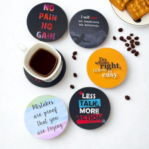 Image of Zesta Coasters for Cups Set of 6 / Wooden Coasters for Bar Accessories for Home /Tea Coaster Set of 6 / Waterproof Dining Table Decor Glass Cover (Motivational, Circle)