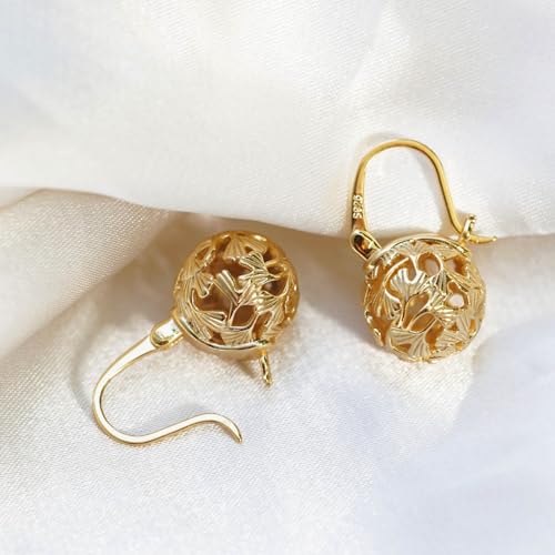 OwMell Stylish 925 Sterling Silver Gold Plated Pearl Drop Earrings with Hollow Ginkgo Design for Elegant Women - Image 3