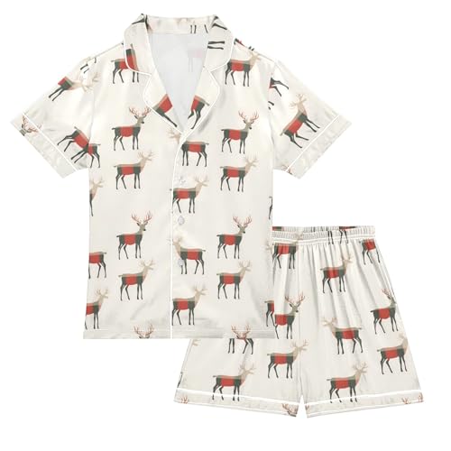 Christmas Pattern Deer Summer Satin Pajama Set, Cute Button-Down Sleepwear Pj Set for Sleep Wears