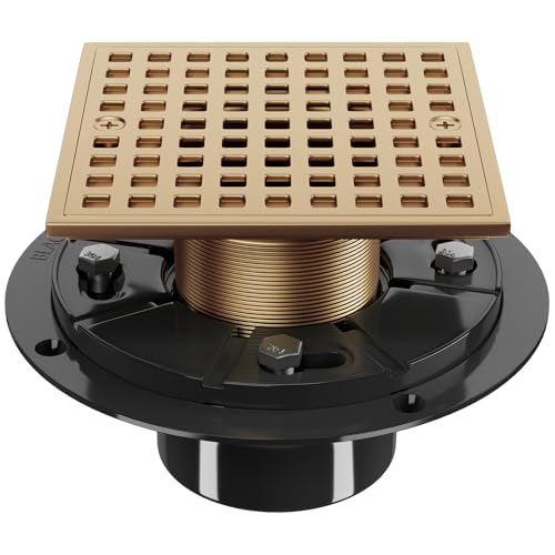 4 Inch Champagne Bronze Shower Drain- Square Shower Floor Drain Kit with ABS Flange-Removable Grid Strainer Cover - SUS304 Stainless Steel Floor Drain Kit
