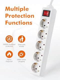 GRIFEMA Ciabatta Multipresa con 5 Prese e Interruttore, 3500 W, 16 A, 1,5 m, Bianco, Protezione Bambini, Prese Orientate a 45°, Evita Consumi Fantasma