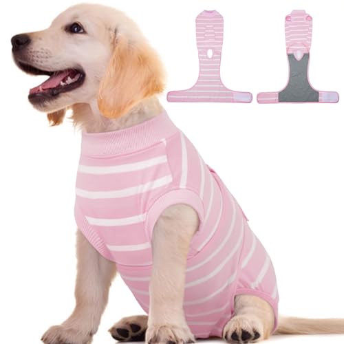 Image of Kuoser Dog Surgery Recovery Suit, Soft Breathable Dog Recovery Suit for Female Spay Male Nueuter, Anti Licking Puppy Onesie Pet Surgical Suit for Dogs Abdominal Wounds Skin Disease, Pink Strips XS