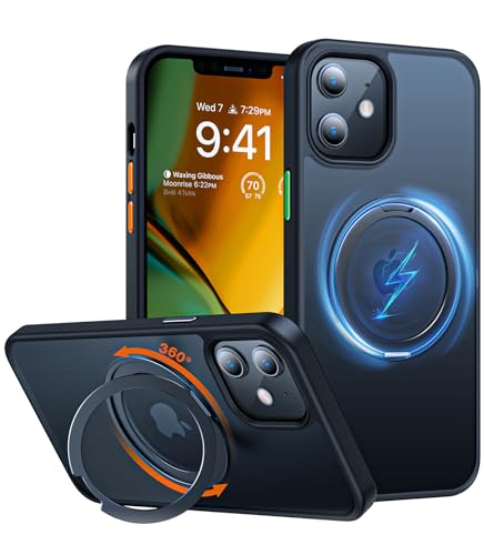 TORRAS 2024 Upgraded 360°Rotatable Ring for for iPhone 12 Case & iPhone 12 Pro Case, Fit for MagSafe with Stand & Ring Holder, Military Grade Shockproof Translucent Back Phone Case Ostand R,Black
