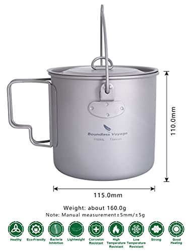 iBasingo 1100ml Titanium Mug Camping Cup Tea Coffee Water Pot with Lid Ultralight Outdoor Travel Tableware with Foldable Handle Picnic Backpacking Trekking Portable Drinkware Survival Gear Ti3041D - Image 3