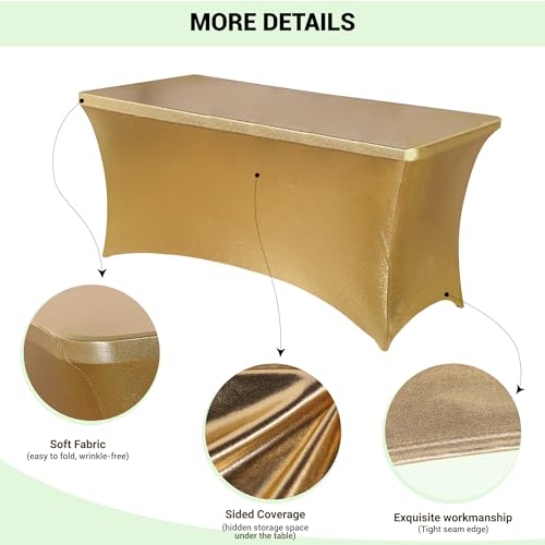 Image of Obstal 6ft Stretch Spandex Table Cover for Standard Folding Tables - Universal Rectangular Fitted Tablecloth Protector for Wedding, Banquet and Party, 72L x 30W x 30H Inches, Stamping Gold, 2pc