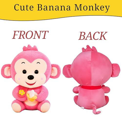 Image of Tickles Cute Smiling Muffler Monkey with Banana Soft Stuffed Plush Animal Toy for Kids Boys & Girls Birthday Gift (Size: 25 cm Color: Pink)