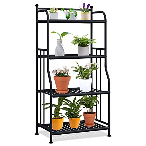 TIE-DailyNec Support pour plantes en métal à 4 niveaux Support de pots de fleurs Étagère de stockage de support d'affichage de fleur de fer pour le salon de balcon de jardin, 55x28x106.5CM (Noir)
