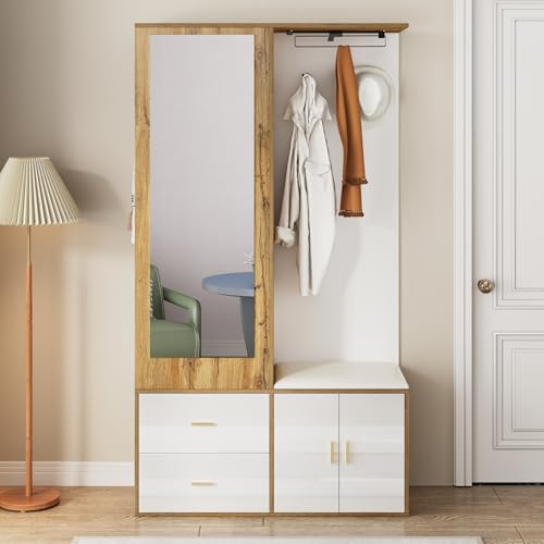 Moimhear 100 x 38 x 108,1 cm, elegante juego de perchero en colores blanco y madera con espejo, zapatero, zapatero con gancho y barra extensible
