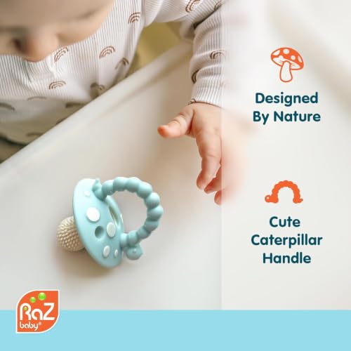 Image of RaZbaby Soft Silicone Infant & Baby 3M+ Teether Toy Massaging Bristles Teething Relief Pacifier - Soothes Sore Gums - Hands-Free & Easy-to-Hold Chompy Teether, BPA Free (Power /Dark Blue)