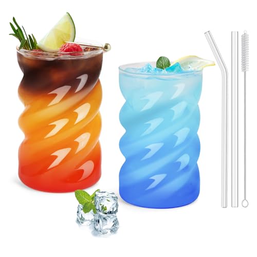 SILRIVES Vasos de burbujas con pajitas de 500 ml, juego de 2 vasos para latte macchiato, café helado, cristal de matcha, vasos acanalados para café helado, café, té de burbujas, cóctel, bebida larga