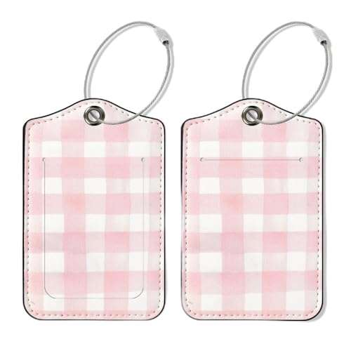 Seorsok 2Pcs Luggage Travel Tags for Suitcases Cute Light Pink Checkered PU Leather Name Tag with Privacy Cover&ID Label Address Card and Durable Metal Ring Suitable for Men Women Handbags Backpack