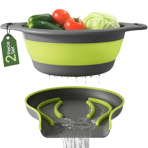 GEVOLI Grande passoire pliable avec base auto-drainante – Passoire de cuisine 5 L avec évacuation latérale pour bord d’évier (Brevet en cours), vert (lot de 2)