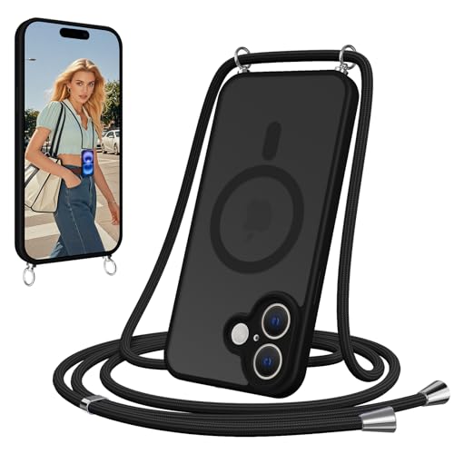 Olgary Magnetische Handyband für iPhone 16 Hülle mit Band Handyhülle Kompatibel mit MagSafe Matt Durchscheinende justierbarer und Abnehmbarer Kette Crossbody Magnet Cover Schwarz