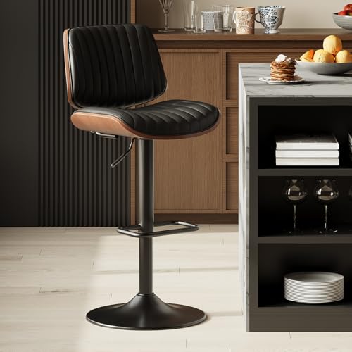 Image of MALOL Bar Stools Set of 1, Adjustable Counter Height Bar Chairs 26 inch-34.5 inch with Swivel & Footrest, Modern Faux Leather Barstools for Kitchen Island, Dining Room,Pub,Black