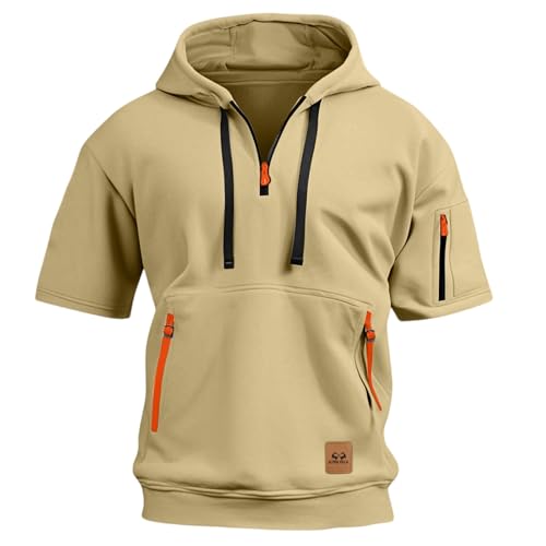 Mens Quarter Zip Tactical Hoodies Short Sleeve Hooded Cargo Sweatshirt Outdoor Workout Pillover Tops with Pockets4