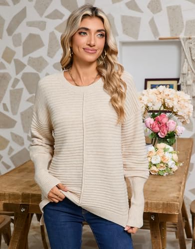 Womens 2025 Fall Sweater Long Sleeve Ribbed Knit Pullover Loose Crewneck Split Sweater3