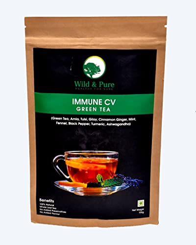 Wild & Pure Immune Cv green tea(Green Tea, Amla, Black Pepper, Giloy, Ginger, Mint, Cinnamon, Fennel, Tulsi, Turmeric Ashwagandha ) 100GM Pack ( ICGT )