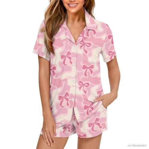 Image of Renewold Women's Short Sleeve Pajama Set Button Down Sleepwear with Notch Collar Soft Lounge Top and Shorts with Pockets