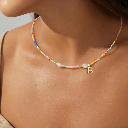 Turandoss Colorful Beaded Necklaces for Women - 14K Gold Plated Boho Initial Pearl Pendent Necklace Trendy - Summer Cute Jewelry Birthday Gifts for Teen Girls2