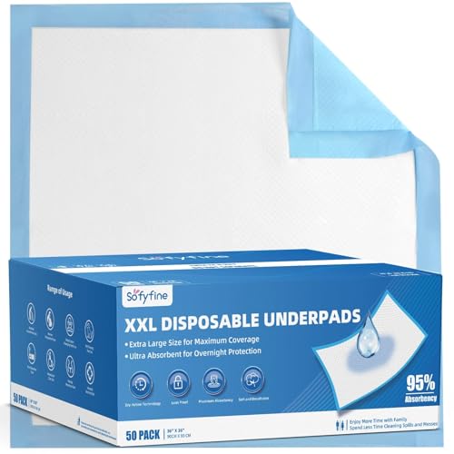 Image of SOFYFINE 50 Count Extra Large Chucks 36 inchx36 inch Thicken Elderly Adults Incontinence Bed Pads Disposable, Heavy Duty Absorbency Underpads Waterproof, XXL Extra Large Puppy Pee Training Pad