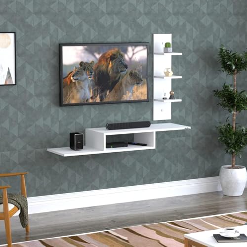 Image of Anikaa Engineered Wood LED Light TV Unit Wall Mounted TV Unit TV Cabinet Wall TV Stand for Living Room, Set Top Box Stand - White (D.I.Y - Do-It-Yourself) Ideal for Up to 43 inch Inches