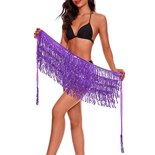 Womens Belly Dance Hip Scarf With Sparkly Fringe Rave Party Sequin Skirt Costume Festival Tassel Skirt Purple #TOP3