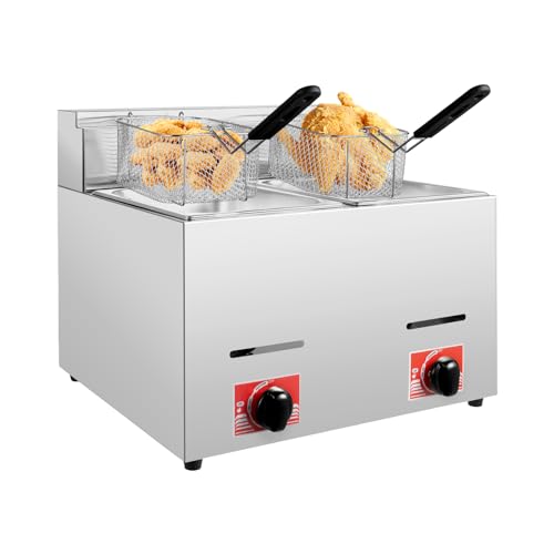 Stainless Steel Countertop Gas Fryer Commercial LPG Gas Fryer for Restaurant Home Kitchen (with 2 Frying Baskets)