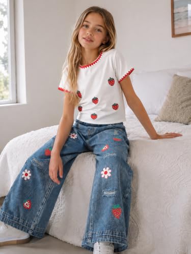 Image of Azmxynol Tween Girl Clothes Short Sleeve Top + Butterfly Design Jeans 2 Pieces Spring Summer Outfit Set, Size 6-16 Years