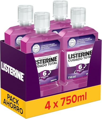 Listerine Cuidado Total (4x750 ml), enjuague bucal con flúor, colutorio bucal con 6 beneficios en 1, elixir bucal para una limpieza bucal completa