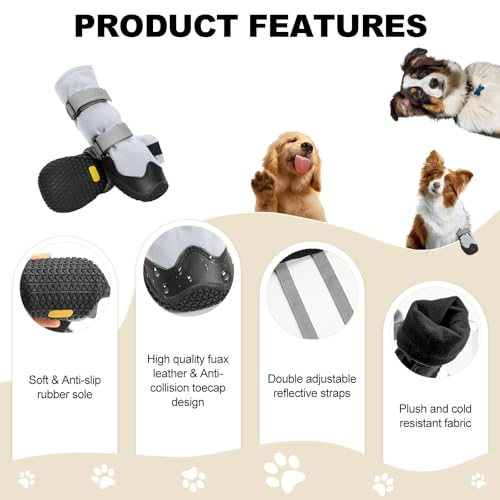 OHCOZZY Anti-Rutsch Hundeschuhe mit reflektierenden Riemen wasserdicht, verschleißfeste Leder Gummisohle Hundeschuhe Pfotenschutz fürkleine, mittlere und große Hunde 4 Stück(Größe M, Grau)