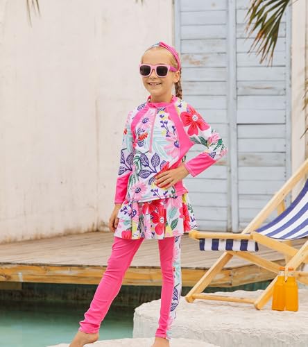 Image of Girls Long Sleeve Rashguard Half Zip Swimsuits UPF 50+ Two Piece Swim Sets with Hairband 5-12Y | Two Piece Swim Sets with Hairband