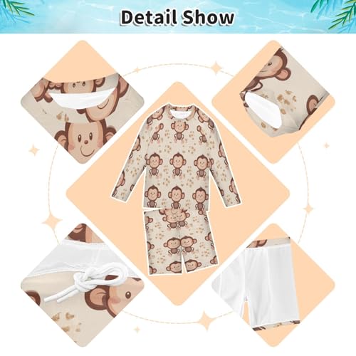 Lovely Monkey Print Boys Swimsuit Rash Guard Toddler Kids Long Sleeve Swim Shirt and Trunks Swimwear Set 3-10Y3