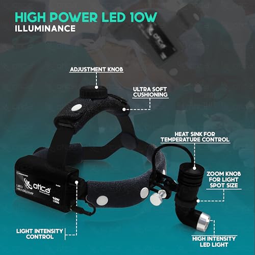 Image of OTICA 10W ENT Surgical LED Headlight High-Intensity Medical Headlamp for Doctors Hospital Dental Portable Rechargeable Headlight (Brightness, Spot Size Control + Dual Detachable Battery) - Black